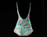 Size 6 to 10 Cute 1970s Swimsuit - Pink & Blue Flower Garden Green Grass Print Bathing Suit - Bust Support - Skirted - Modesty Panel