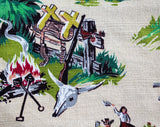 50s Western Novelty Print Barkcloth - 1/2 Yard x 33.5 Inches Wide - Authentic Rare 1950s Cowboy Cotton - Horses Cactus Rodeo Cows Camping