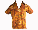 Men's Medium 1960s Aloha Shirt - Copper Batik 60s Mens Aloha Top - Brown & Gold Cotton Sateen - Short Sleeved Casual - Chest 42