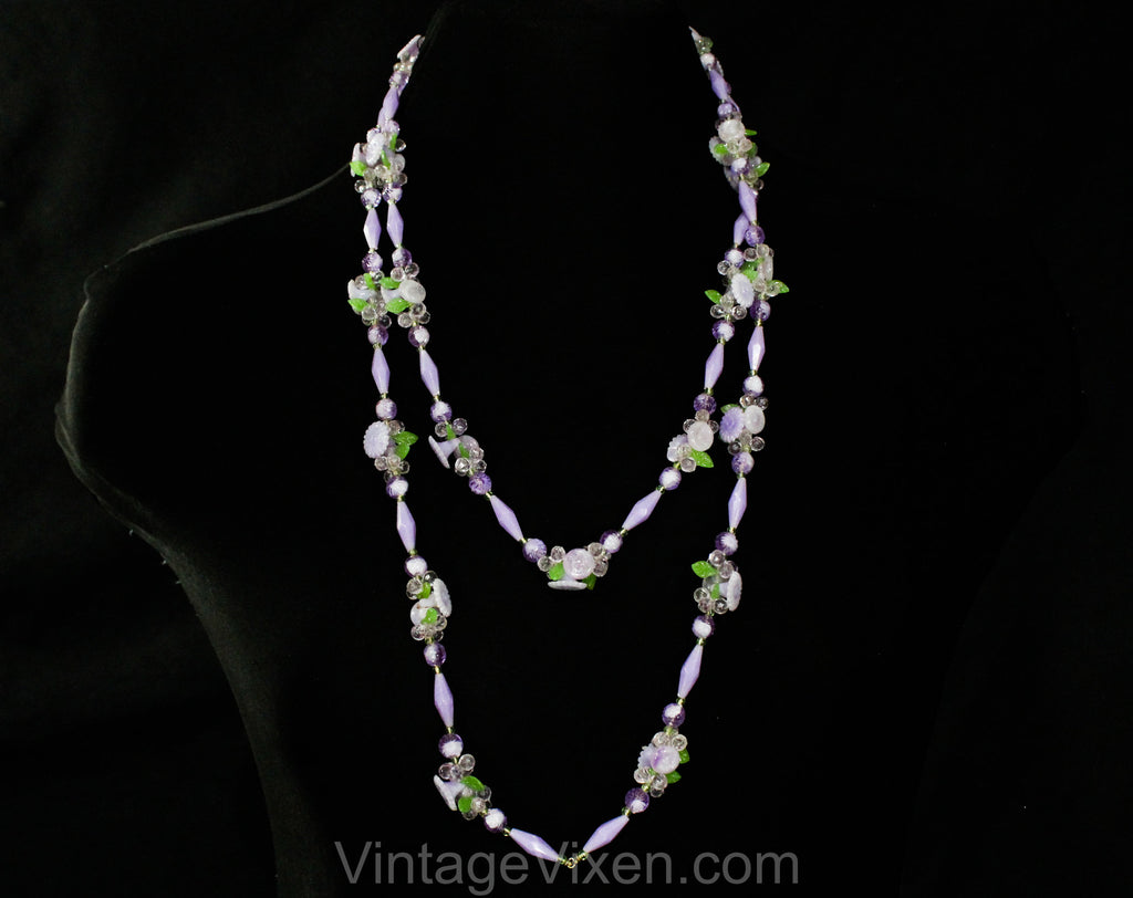Lavender 1960s Flowers Necklace - Spring Green Pastel Purple Plastic Fruit Salad Buds & Leaves - 60s Cute Waist Length Long Jewelry