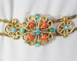 1960s Goddess Belt - Small Medium Large - 60s Body Jewelry - Gorgeous Gold Hue Metal Cord - Faux Coral Orange - Turquoise Blue - Jade Green
