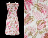 Size 6 60s Dress - Sleeveless 1960s Floral Sheath - Pink White & Khaki Tulip Style Flowers - Spring Summer Painted Look Crepe - Bust 34