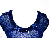 XS 1940s Cobalt Blue Dress - Gorgeous Sheer See-Through 40s 50s Rayon Knit - Ribbonwork Rhinestones & Beading - Long and Lean - Waist 24