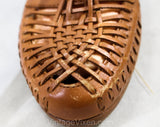 Size 6.5 Leather Shoes - Cute Tan Huarache Style Design - 1990s Light Brown Boho Flats with Woven Trim - Made in USA - 90s Deadstock 6 1/2 M