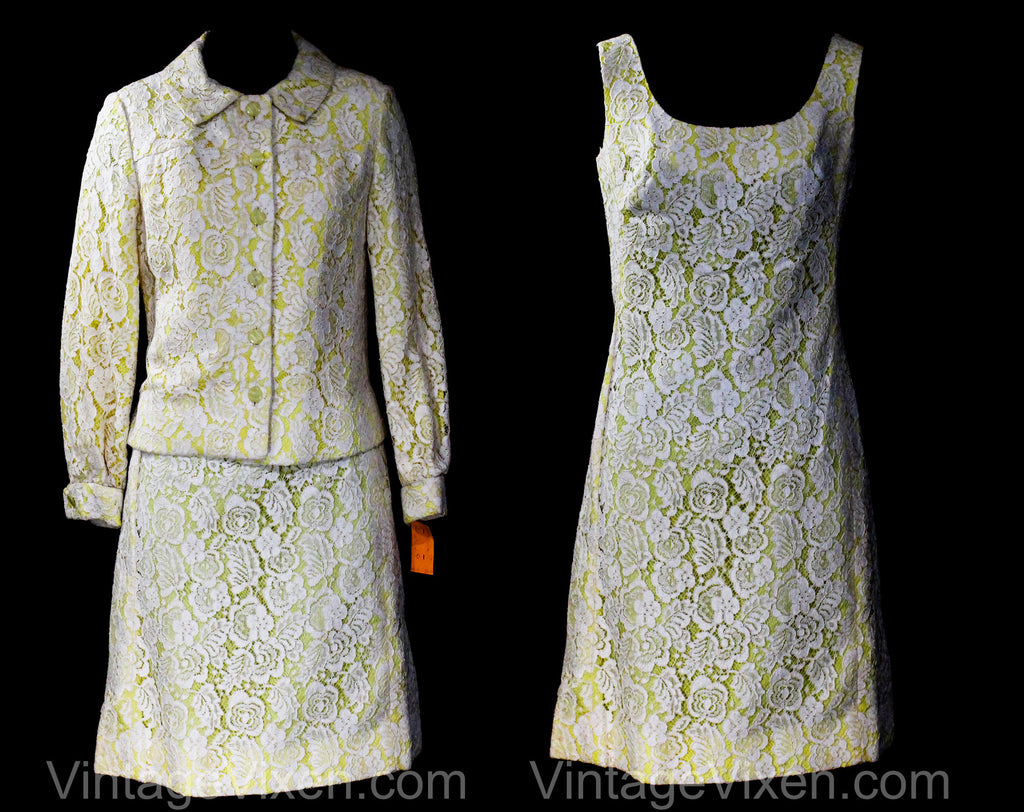 Size 6 Spring Suit - 1960s Yellow & White Lace Cocktail Dress and Jacket - Tailored Sleeveless Sheath - NWT 60s Deadstock - Bust 34.5