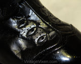 Size 9 1940s Style Shoes Made In 1950s 60s - Ladies Black Oxford Pumps - Lace Up with Patent Leather Toe Caps - Chic Large 50's Deadstock