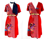 Size 6 Asian Rayon Print Dress - 1940s Inspired Red Floral Summer Faux Wrap Frock - 70s 80s Retro Short Sleeve with Border Print - Bust 33.5
