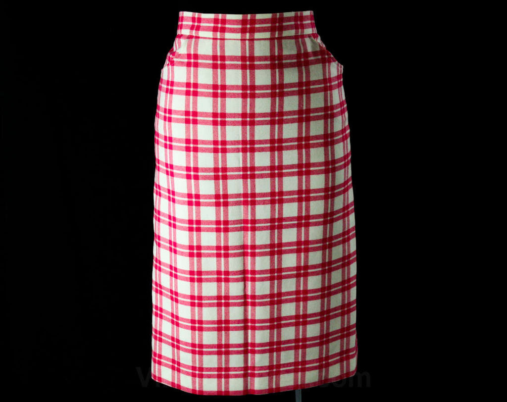Size 8 Ted Lapidus Skirt - Fuchsia Pink & Ivory White Wool Plaid - Paris Diffusion Label - Made in France - 1980s Chic Designer Office Wear