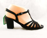 Size 6 Black Sandals - Glam 1960s Cocktail Party Shoes - 60s Open Toe Deco T-Strap Evening Pump - Ankle T Strap - NOS Deadstock - 6M Strappy