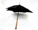 Antique Doll's Umbrella - Late 1800s Victorian Miniature Parasol - Black Cotton & Metal Frame - Smooth Wooden Handle - As Is Holes and Tear