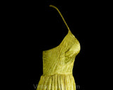 Size 8 1930s Evening Dress - Citron Yellow Rayon Satin Floral Brocade Formal Gown - Authentic 30s Party Frock - Braided Halter - Waist 27
