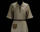 Size 8 1940s Dress - Khaki Tan Gabardine - WWII 30s 40s Work Wear with Cord Pockets & Wood Buttons - George Hess - Rosie Style - Bust 38.5