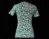 XXXS 1970s T Shirt - Emerald Green & White Tropical Flowers Cotton Jersey Knit Tee - Girls Size 12 - Top Quality Made in Italy - Bust 30.5