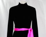 Size 10 Designer Cocktail Dress - 1960s Black Velvet Flapper Chic with Pink Silk Sash - Medium Long Sleeved - Oscar de la Renta - Bust 38