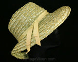 Wide Brim Hat - Tender Spring Green - 1960s - Ribbon - Straw 41427-1