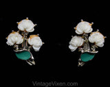 White Roses Jewelry Set - 50s Necklace Bracelet Earrings - Sweet Feminine Spring Summer 1950s 1960s - Jade Green Painted Leaves - 50579