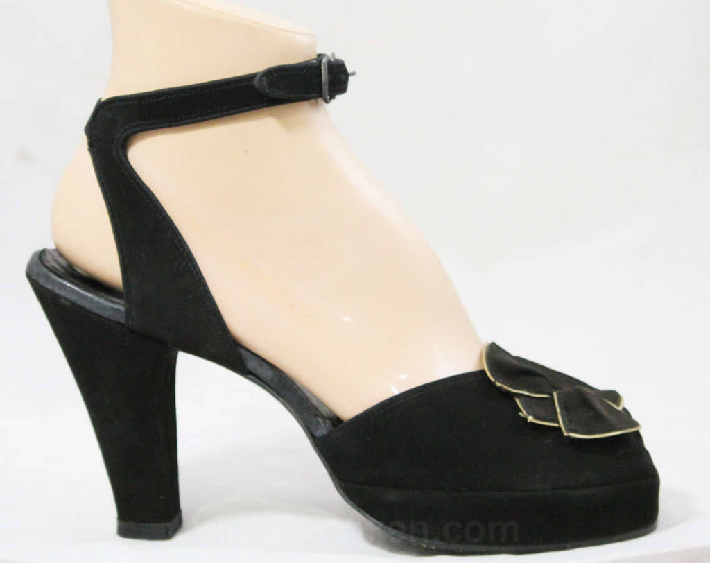 Size 6 1940s Shoes - Black Suede Platforms with Sexy Ankle Strap - Art Deco Accents with Gold Trim - 30s 40s Deadstock Heels - 6S Narrow