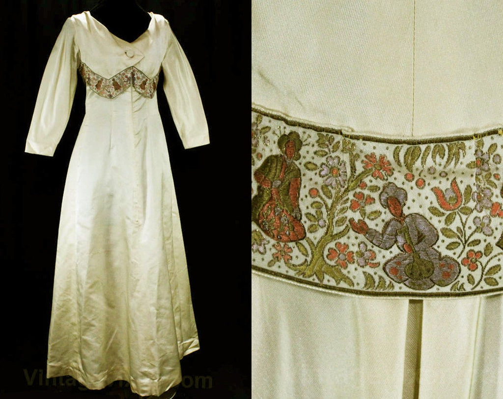 Size 6 Evening Dress - Romantic Old World 1960s Empire Gown by Elizabeth Arden - Ivory White Satin & Asian Pastel Brocade Ribbon - Bust 34