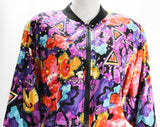 1990s Colorful Club Jacket - Size 14 Bright Floral Zip Front Street Jacket - Red Pink Blue Purple Black Splashy Sequined Rayon - Bust 42