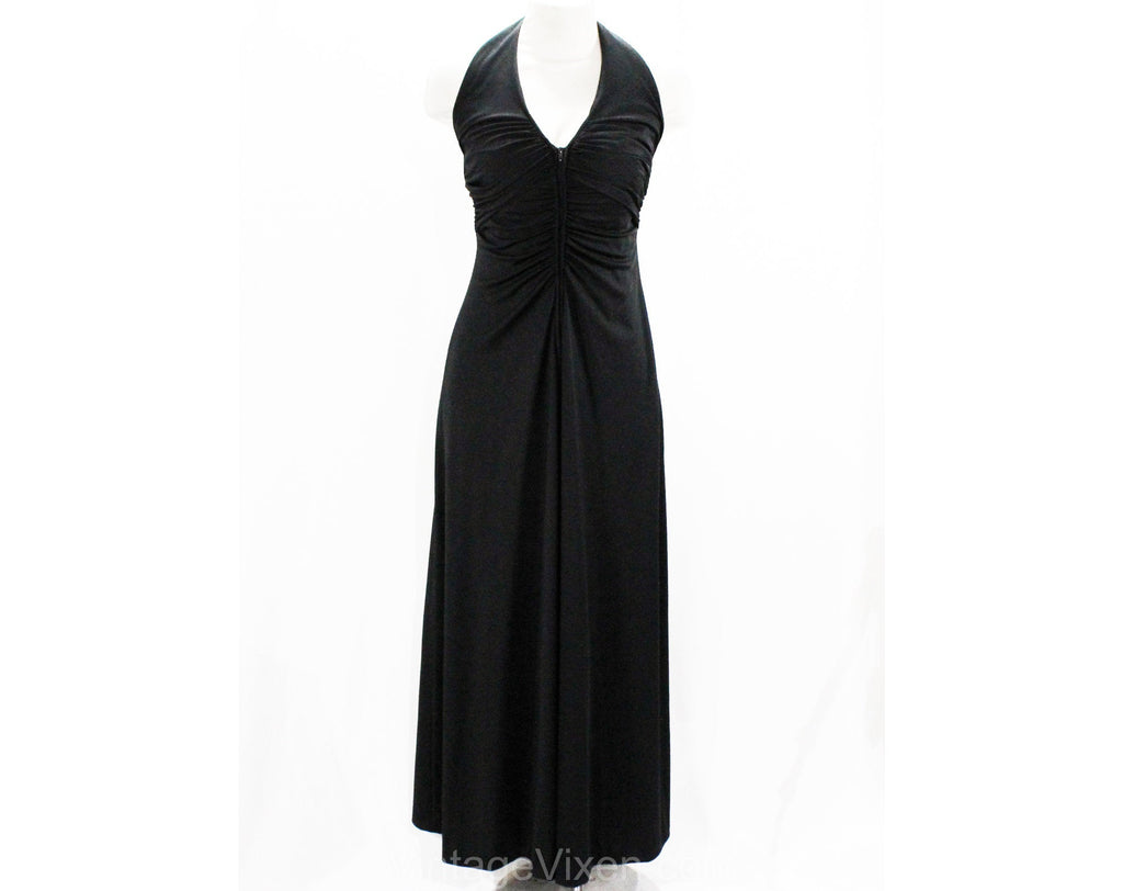 Size 4 Diva 1970s Black Jersey Disco Dress - Small Ruched Evening Gown Vintage Vixen Clothing Size 4 Diva 1970s Black Jersey Disco Dress - Small Ruched Evening Gown Vintage Vixen Clothing