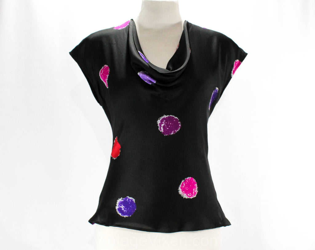 Size 6 Silk Top - Late 1970s Black Dots Print Sexy Shirt - Small 70s Cap Sleeve Blouse - Red Purple Pink - Basile Italy - Bust 34 - 50079