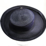 1950s Navy Wide Brim Hat - Chic Dark Blue Faux Straw with Tulle & Goldtone Leaves - Spring Summer Millinery 50s Cartwheel Picture Hat