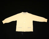 50s Girl's Cardigan - Size 4 to 5 - Button Front Sweater - Ivory Wool Knit - Late 1950s - Baby Blue & Gray Trim - Modern - European - 41991