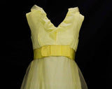 Size 2 Yellow Evening Dress - 1960s Spring Sleeveless Empire Gown - Shimmer Organza & Ruffle Neckline - Ribbon Bow - Garden Party - Bust 32