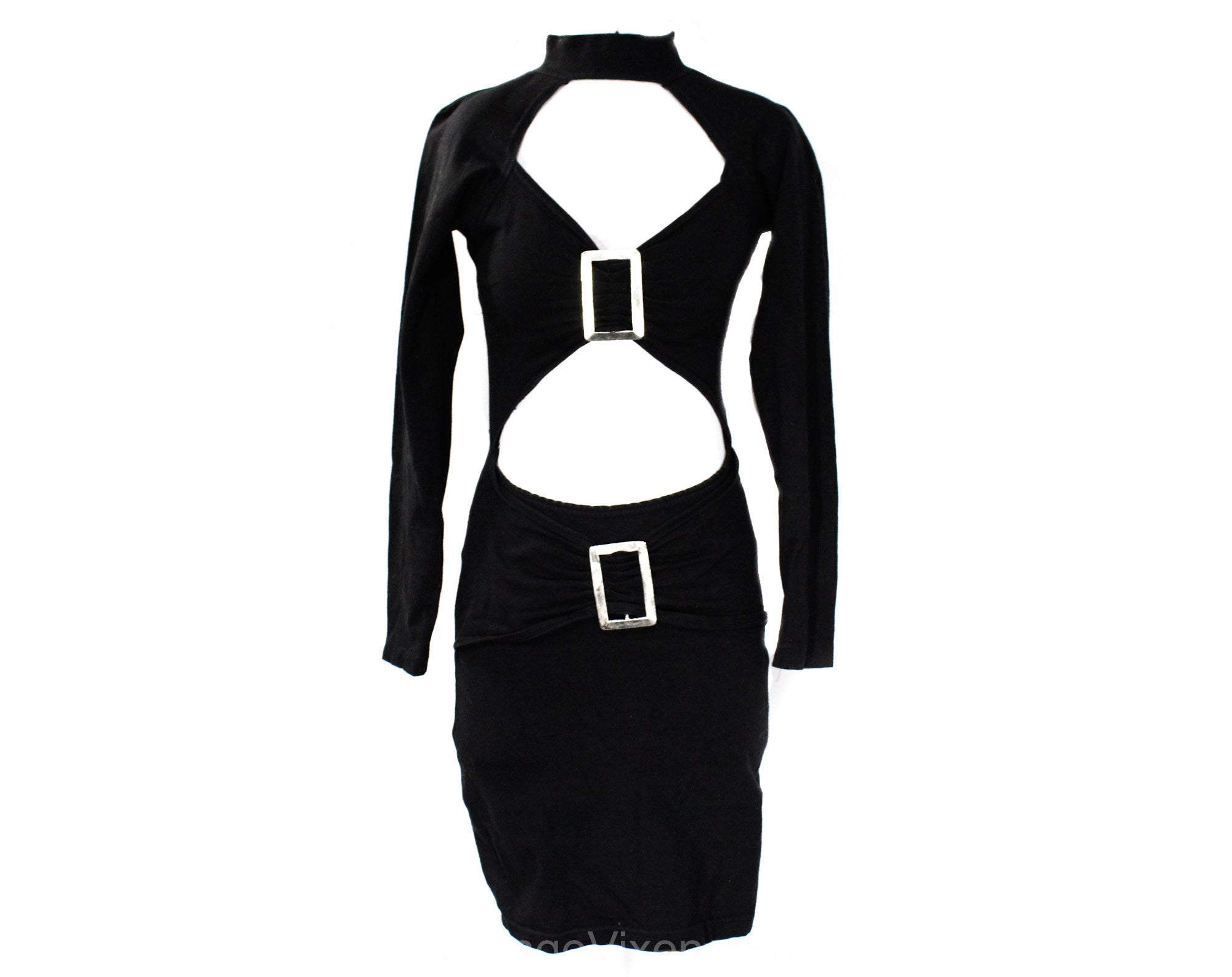 XXS 1990s Sexy Club Dress - Black Knit Bodycon 90s Mini Dress with Cut Vintage Vixen Clothing XXS 1990s Sexy Club Dress - Black Knit Bodycon 90s Mini Dress with Cut Vintage Vixen Clothing