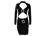 XXS 1990s Sexy Club Dress - Black Knit Bodycon 90s Mini Dress with Cutouts & Silvertone Buckles - Bare Midriff - Long Sleeve - Bust 30