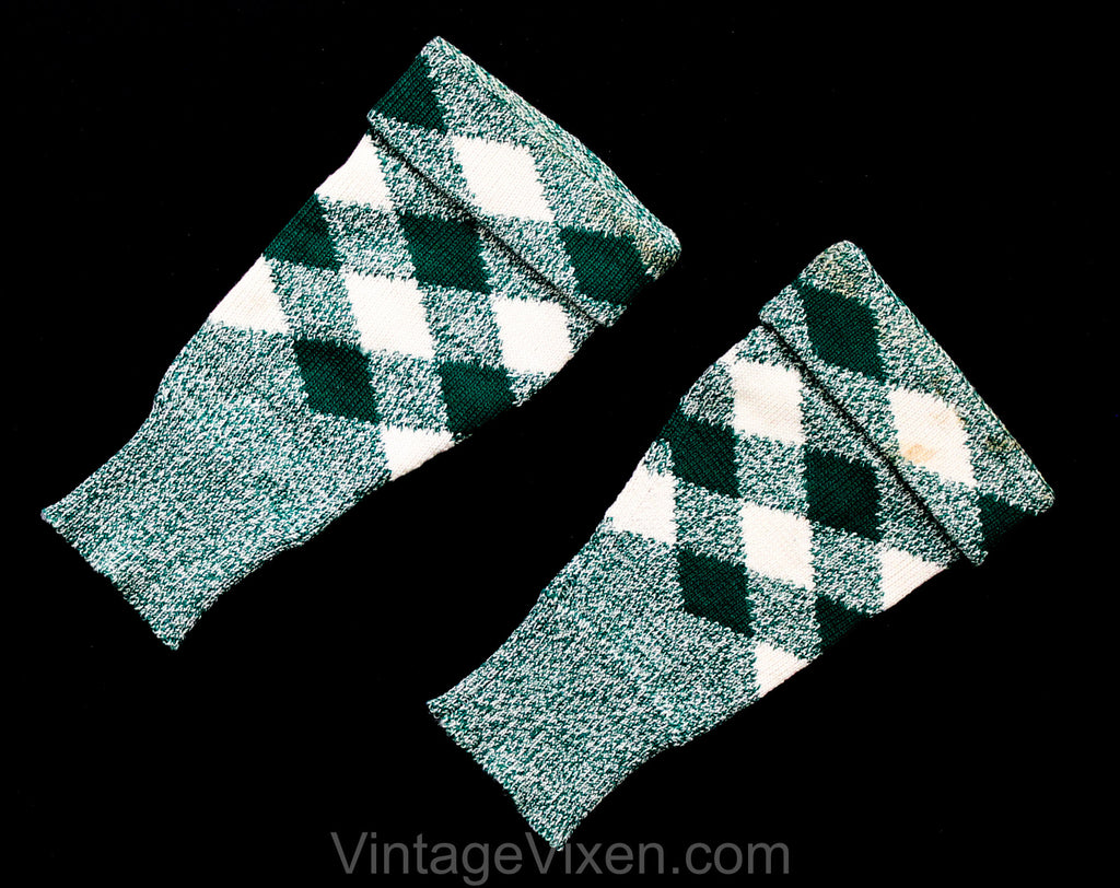 1950s Arm Warmers - Emerald Green & White Wool Argyle Plaid Sleeve Gauntlets - Like Gloves Without Hands - Hand Knitted Authentic 50s Cuffs