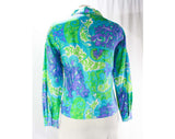 Size 6 Silk Blouse - Small 60s Flourish Shirt - As Is - Summery 1960s Turquoise Blue Purple & Lime Green Print - 3/4 Sleeve - Bust 39