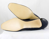 Size 8.5 Navy Shoes - 1950s 1960s Dark Blue Heels by Cotillion - 60s Unworn Deadstock - Leather & Brass Metal Buckle Bit Trim - 8 1/2 B