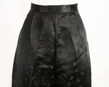Size 12 Black Silk Satin 1950s Pant - Asian Tailored Ladies Evening Tailored Trouser - 50s Fine Roses Brocade with Frog Closures - Waist 30
