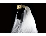 Elegant 1950s 60s Bridal Veil in Swirled Roses & Ecru Lace with Four Layers of White Tulle - Vintage Wedding Wear - Bride's Shoulder Length