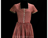 XS 1950s Dress - Red & White Cotton German Dirndl - Adorable 50s Corset Style Oktoberfest Frock - Bustle Back - Shell Buttons - Waist 24