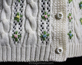 Size 12 Cream Wool Cardigan with Pastel Flowers - 60s Large Button Front Sweater - Ivory Ecru Cable Knit - Pink Yellow Green Blue Embroidery