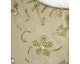 Size 10 Cocktail Dress - Mocha Beaded Chiffon Georgette with Metallic Gold Stitchery - 1960s Khaki Tan Empire Party Dress - Bust 37