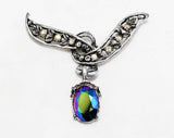 Steampunk Style Brooch - Victorian Inspired Pin with Fiery Green Purple Stones - 1970s Antique Revival Jewelry - Bewitching Single Cabochon