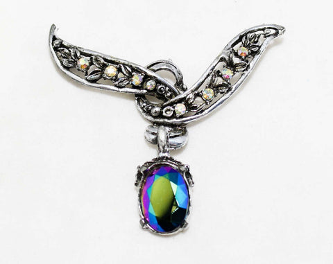 Steampunk Style Brooch - Victorian Inspired Pin with Fiery Green Purple Stones - 1970s Antique Revival Jewelry - Bewitching Single Cabochon