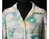 Size 12 Floral Blouse - Green & Gray Daisy Print 1970s Shirt - Large Long Sleeved Daisies 70s Casual Top - Spring Summer - Bust 39 - 31680