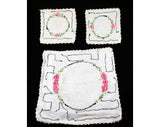 1920s Tea for Two - Hand Embroidered Tea Caddy Place Mat & Two Teacup Saucer Squares - Pink Daisies and Black Embroidery Polka Dots on Linen