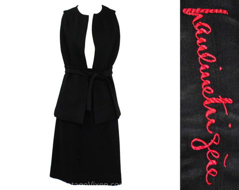 Size 10 Pauline Trigere Jacket & Black Skirt - 1960s Designer Sleeveless Minimalist Modern Design - Posh Mod 60s Wool Knit - Bust 36