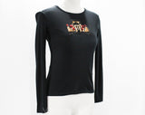 Size 4 Vintage Auto Shirt - 1970s Small Long Sleeved Black Jersey Knit Top - Old Fashioned Antique Sequined Car Automobile - Bust 33 - 24313