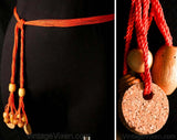 Size Medium Bohemian Belt - Resort 1970s Boho Tie Style with Wooden Beads & Cork Tassel - Size 10 to 12 Beige Tan Curry Orange Neutrals