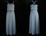 Size 6 Blue Sun Dress - 1970s Dusky Pastel Jersey Long Gown - 70s Summer Chic - Blouson Bodice & Ankle Length Skirt - Criss Cross Straps