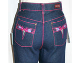 Size 2 Blue Skinny Jeans - Retro 1970s Dark Denim with Hot Pink Arrow Motif Pockets - XXS 70s Faded Glory Pants - Waist 25.5 - NWT Deadstock