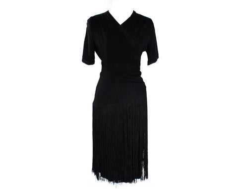 Size 4 1930s Dress - Small Short Sleeve 30s 40s Black Crepe Cocktail with Ruching & Long Fringe Skirt - Elegant Draped Torso - Waist 26.5