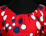 Size 6 Red Bubbles Peasant Dress - 1950s 1960s Dotty Novelty Print Cotton - Navy & White Summer Sun Dress - 50s Deadstock - Waist 26 - 41852