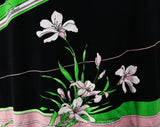 Size 10 Lily Print Dress from Italy - 1960s Designer Boutique Label Gianantonio - Kelly Green & Black Border Print - Long Sleeve - Bust 37.5